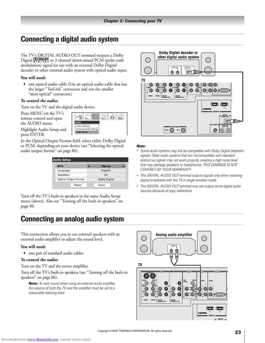 Toshiba 72MX195, 62MX195 Connecting a digital audio system, Connecting an analog audio system, To control the audio 