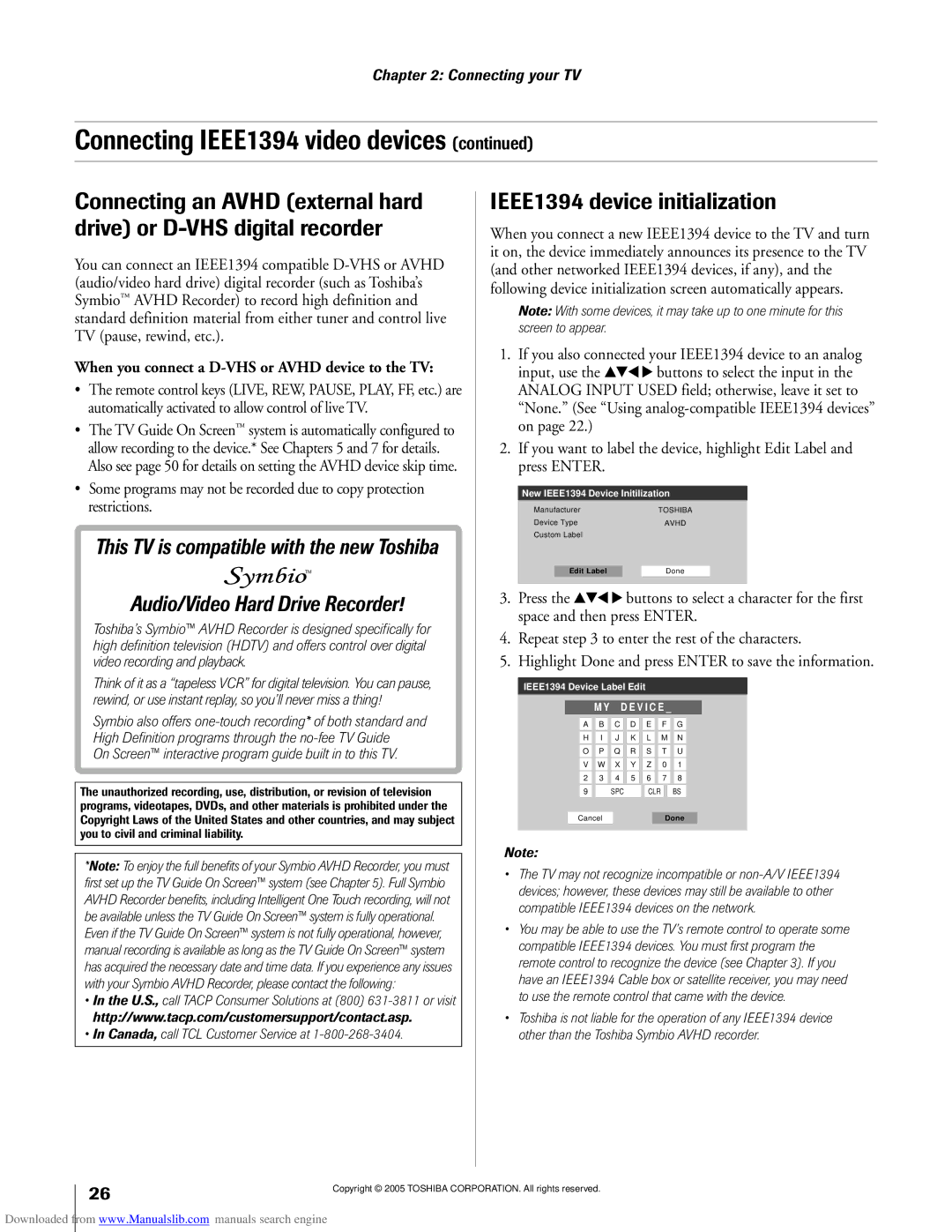 Toshiba 62MX195, 72MX195 owner manual IEEE1394 device initialization, When you connect a D-VHS or Avhd device to the TV 