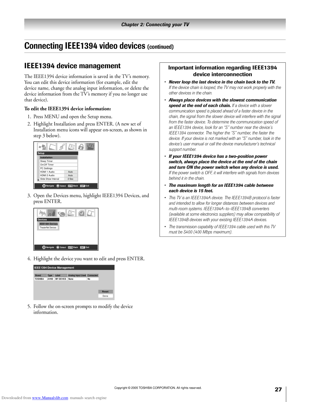 Toshiba 72MX195, 62MX195 owner manual IEEE1394 device management, To edit the IEEE1394 device information 