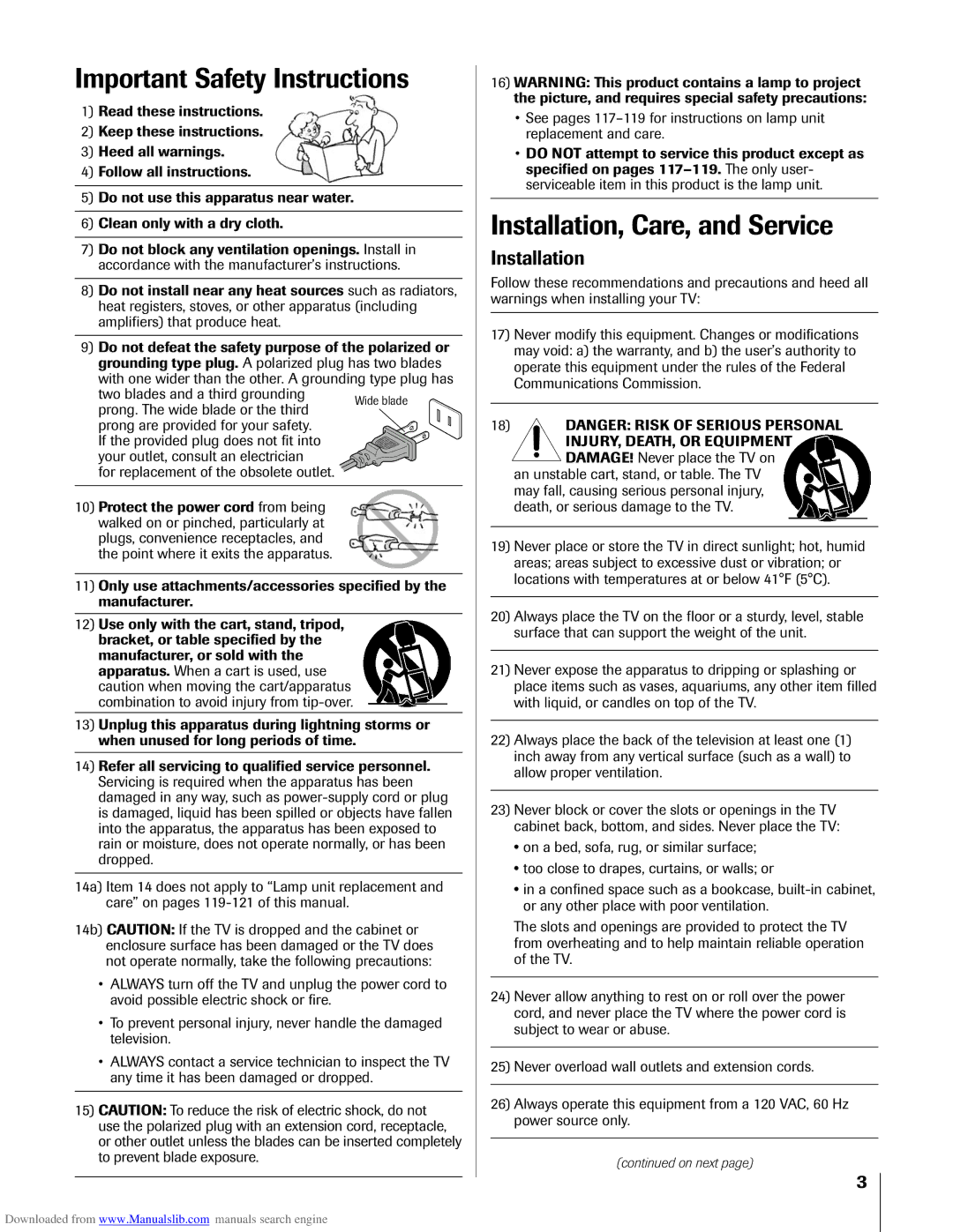 Toshiba 72MX195 Important Safety Instructions, Installation, Care, and Service, For replacement of the obsolete outlet 