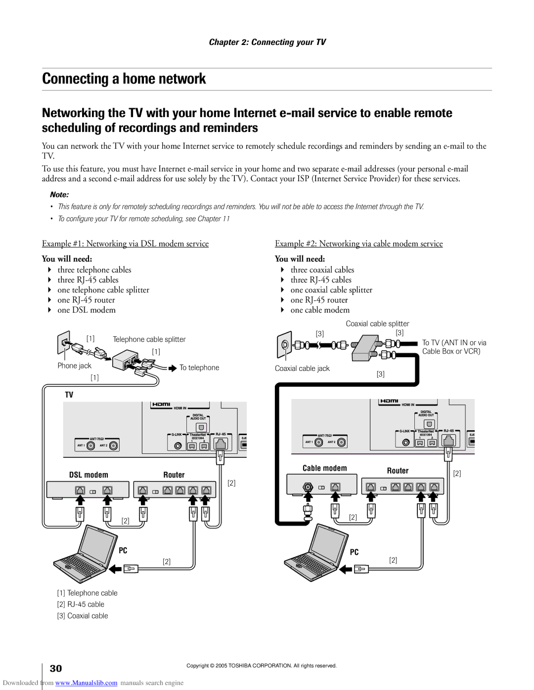 Toshiba 62MX195, 72MX195 Connecting a home network, Example #1 Networking via DSL modem service, One cable modem 