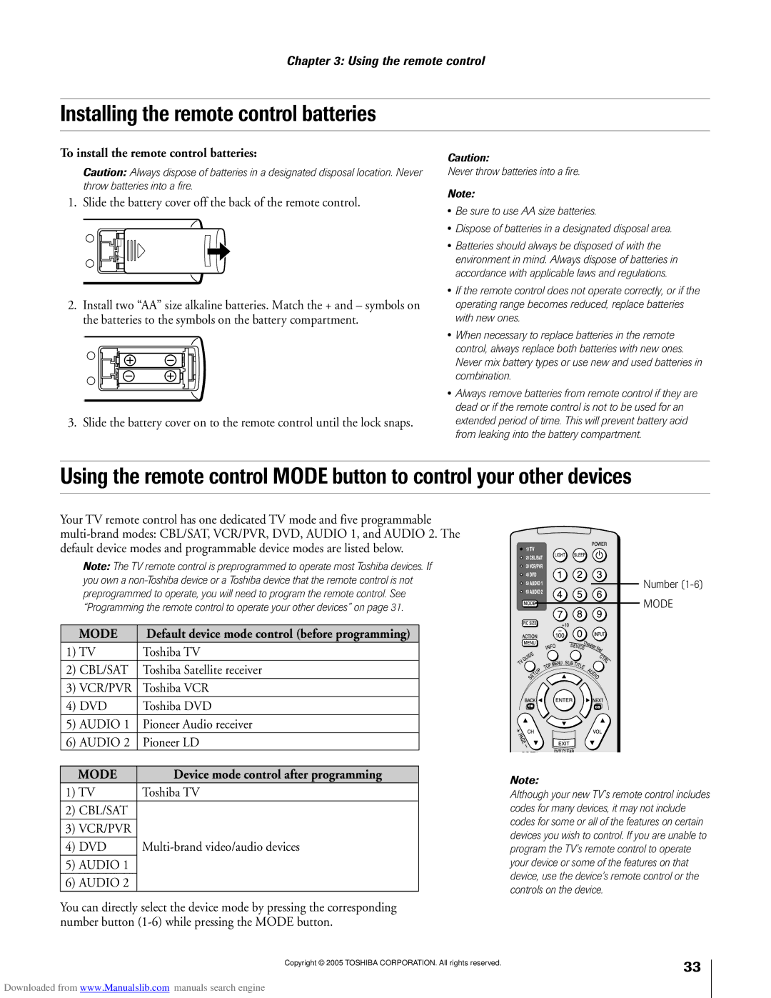 Toshiba 72MX195, 62MX195 owner manual Installing the remote control batteries, To install the remote control batteries 