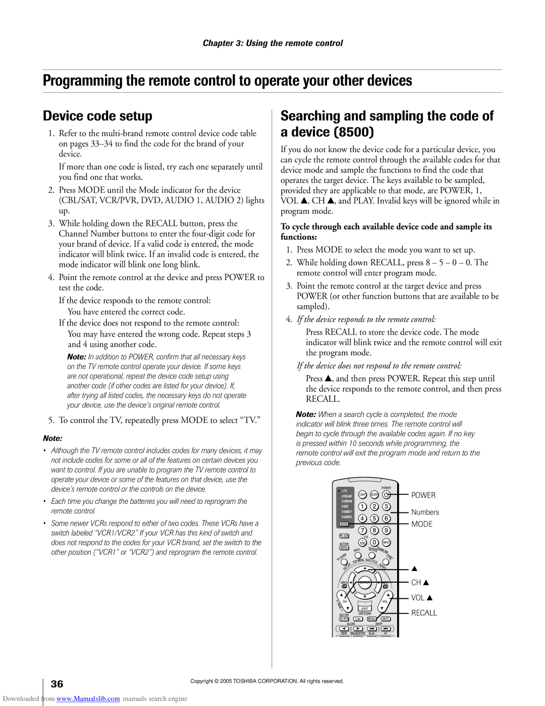 Toshiba 62MX195, 72MX195 owner manual Device code setup, Searching and sampling the code of a device, Numbers, CH y VOL y 