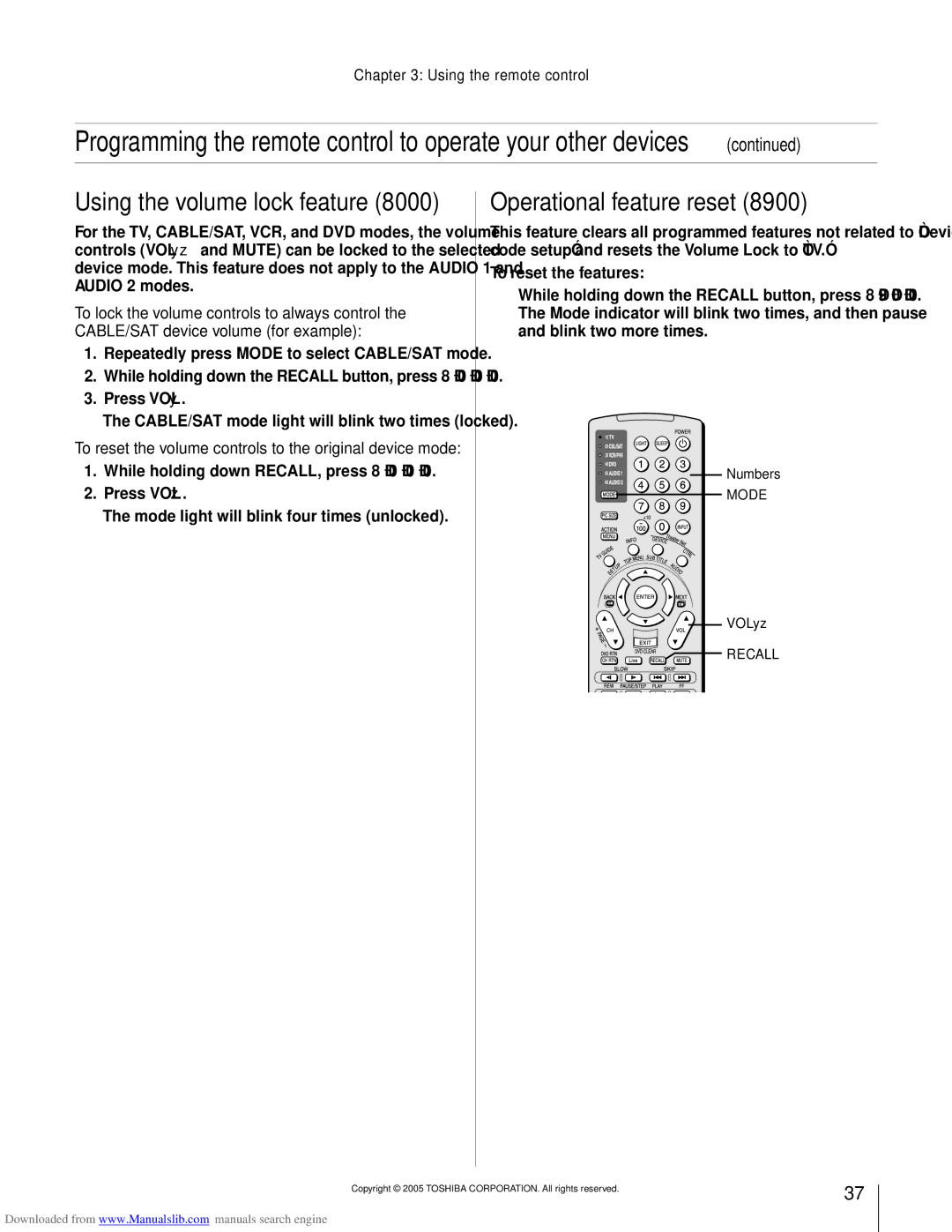 Toshiba 72MX195 Using the volume lock feature, Operational feature reset, Repeatedly press Mode to select CABLE/SAT mode 