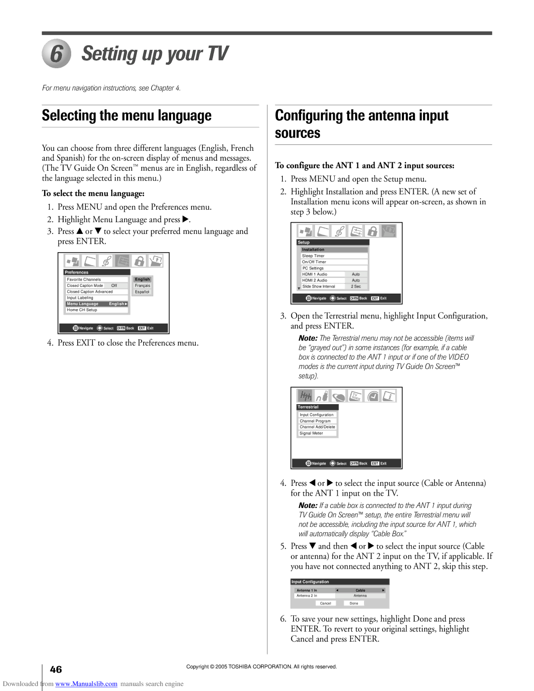 Toshiba 62MX195, 72MX195 Setting up your TV, To configure the ANT 1 and ANT 2 input sources, To select the menu language 