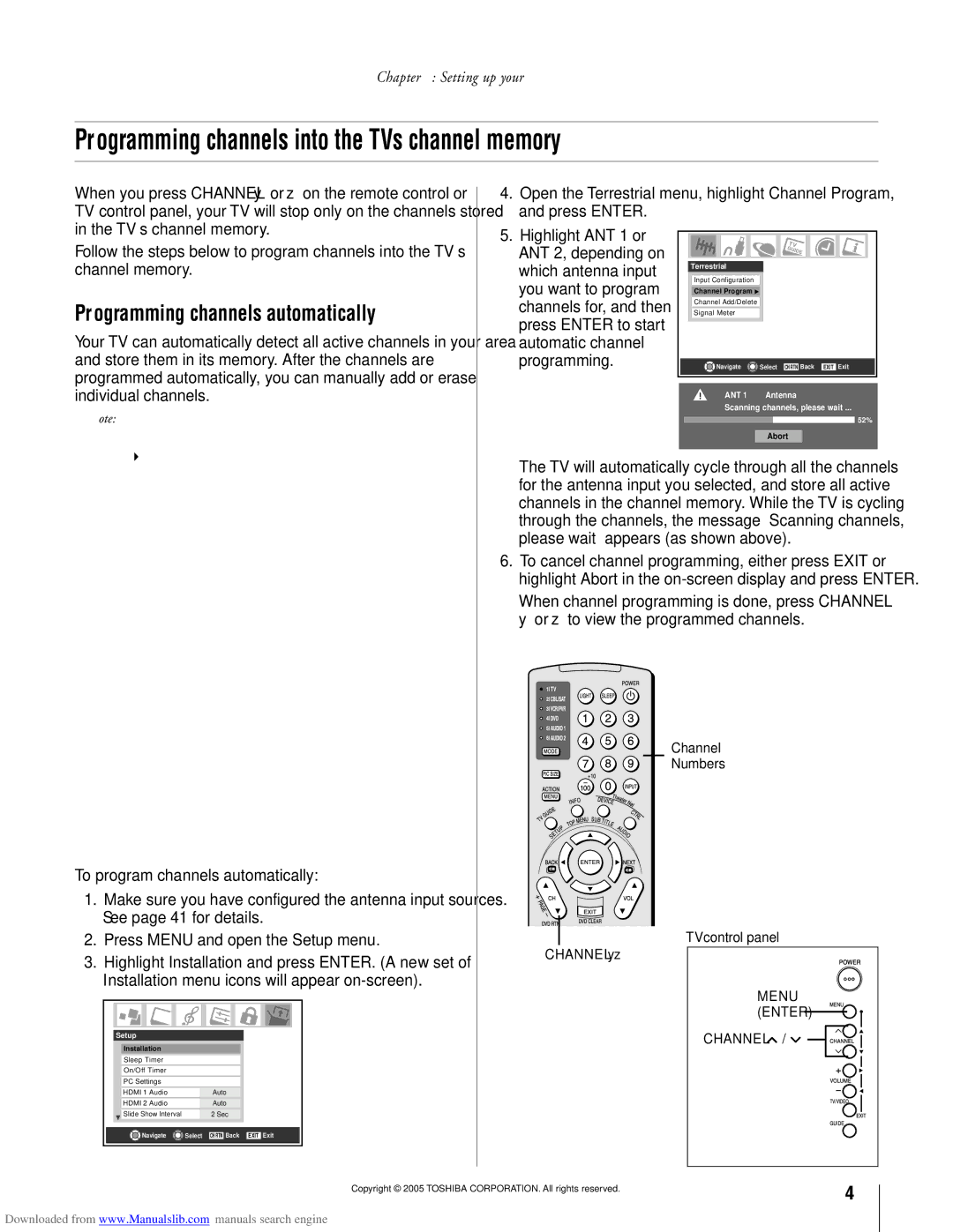 Toshiba 72MX195, 62MX195 Programming channels into the TVÕs channel memory, To program channels automatically, Channel 