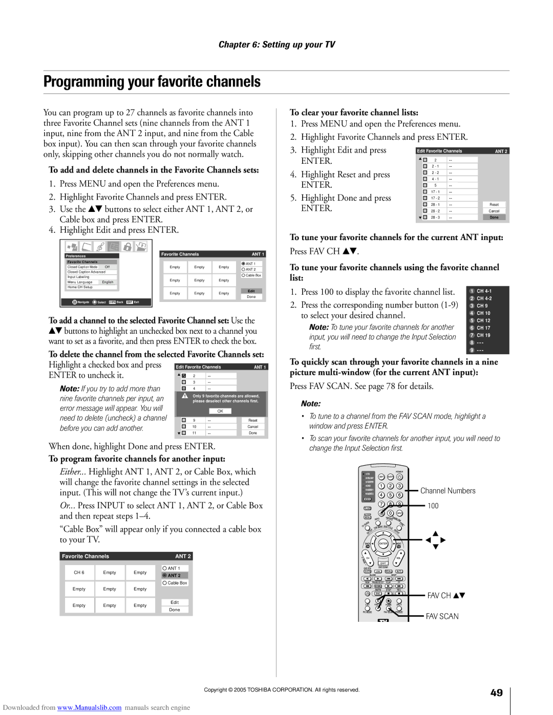 Toshiba 72MX195, 62MX195 Programming your favorite channels, To add and delete channels in the Favorite Channels sets 