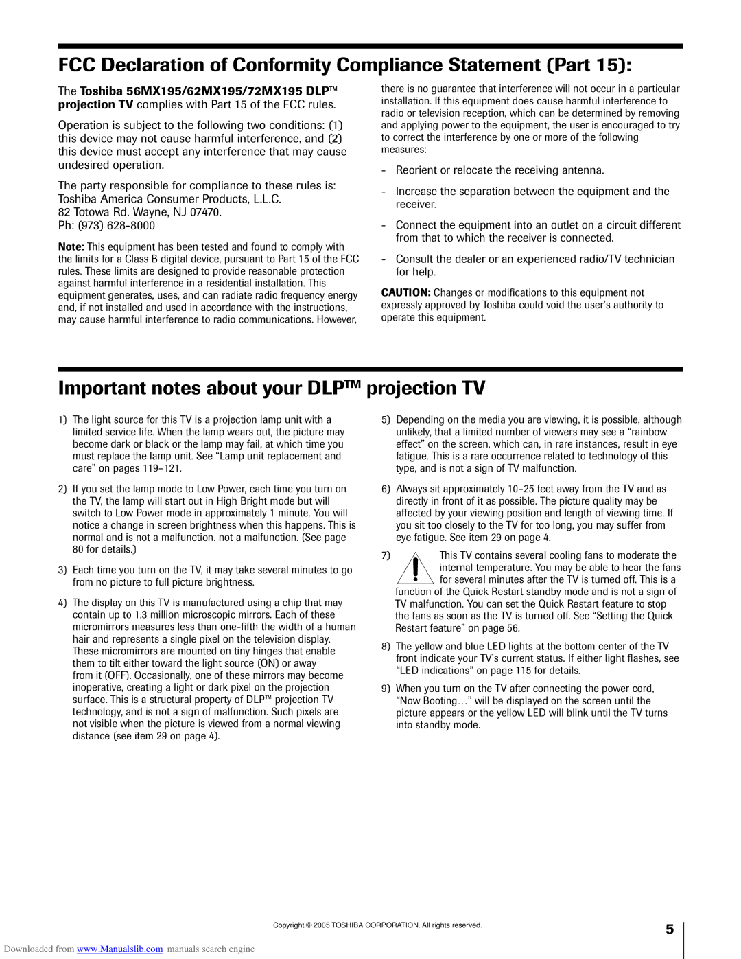 Toshiba 72MX195 FCC Declaration of Conformity Compliance Statement Part, Important notes about your Dlptm projection TV 