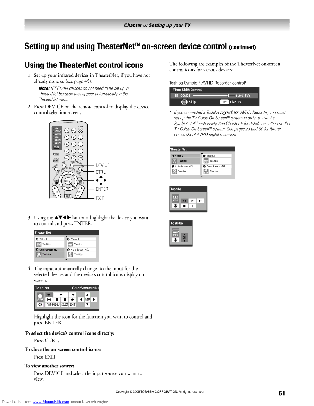 Toshiba 72MX195 Using the TheaterNet control icons, To select the deviceÕs control icons directly, To view another source 