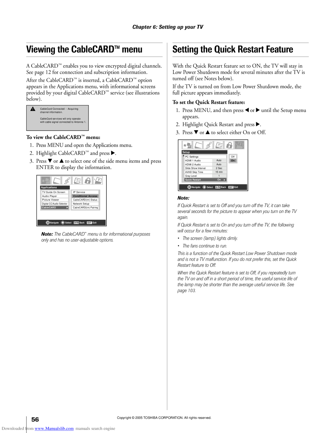 Toshiba 62MX195, 72MX195 Viewing the CableCARDª menu, Setting the Quick Restart Feature, To view the CableCARDª menu 