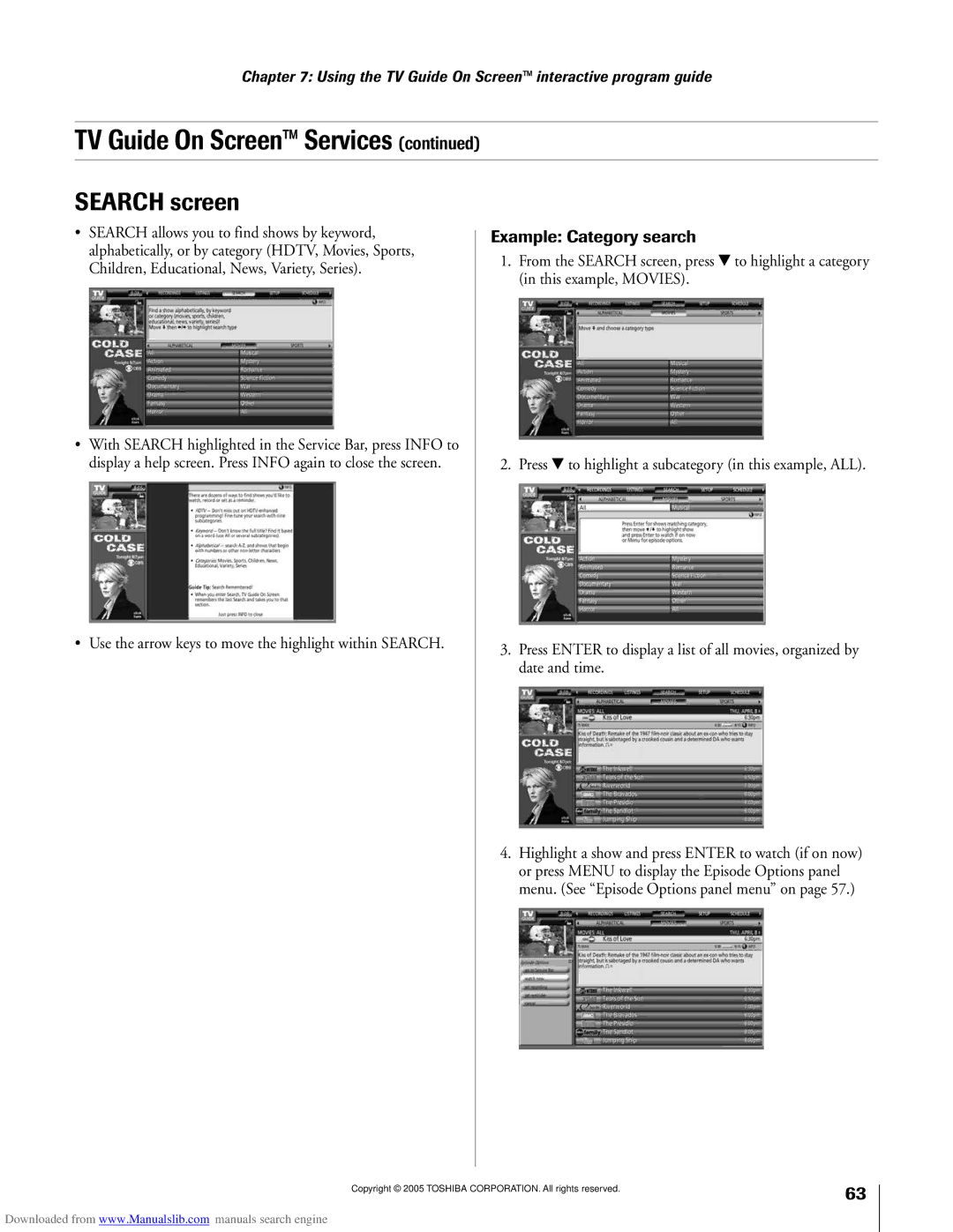 Toshiba 72MX195, 62MX195 owner manual Search screen, Example Category search 