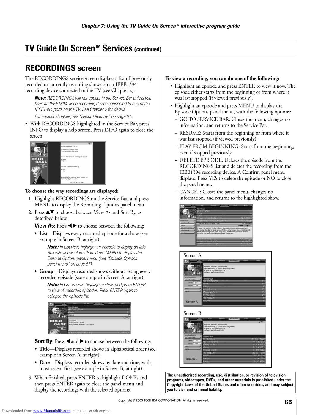 Toshiba 72MX195, 62MX195 owner manual Recordings screen, To choose the way recordings are displayed, Screen a Screen B 