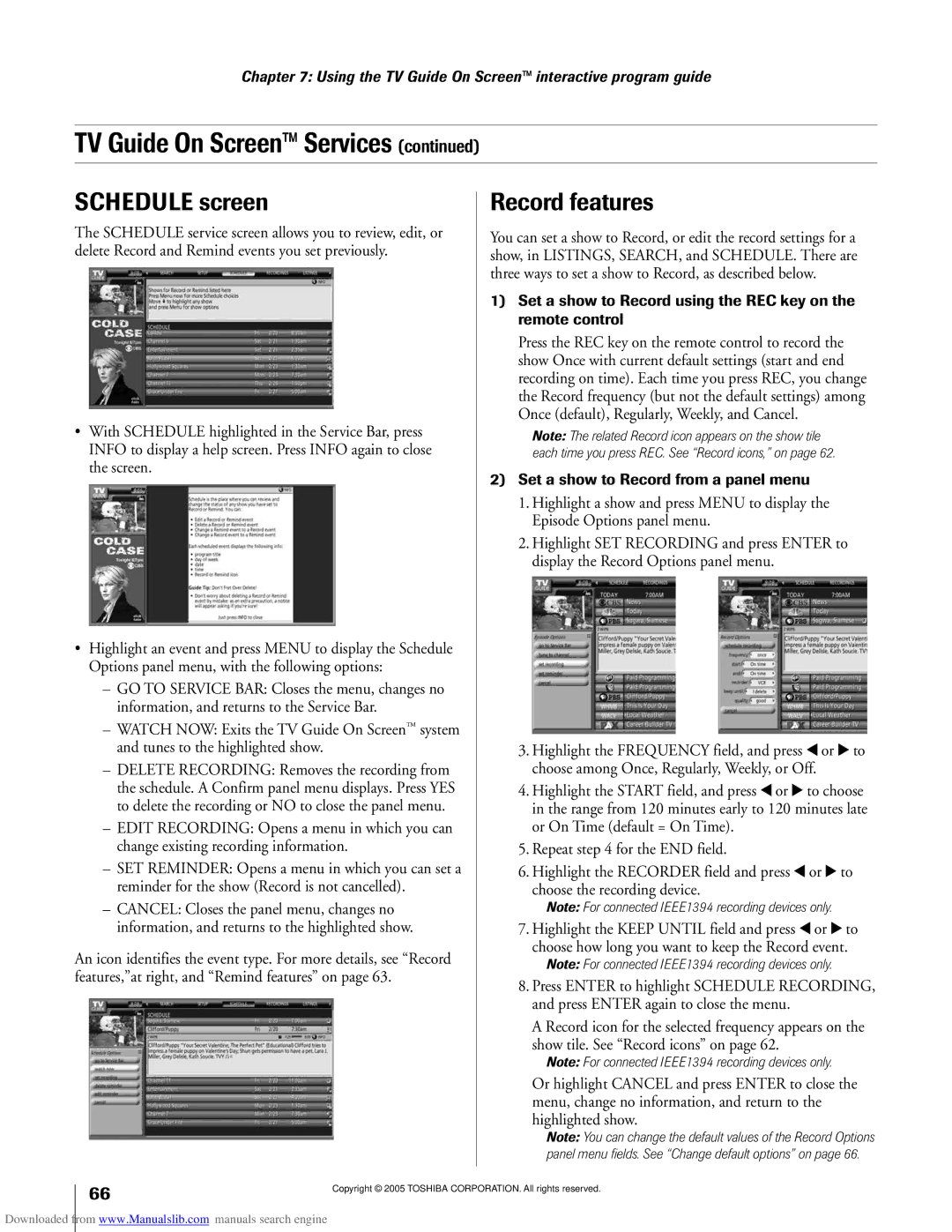 Toshiba 62MX195, 72MX195 owner manual Schedule screen, Record features, Set a show to Record from a panel menu 