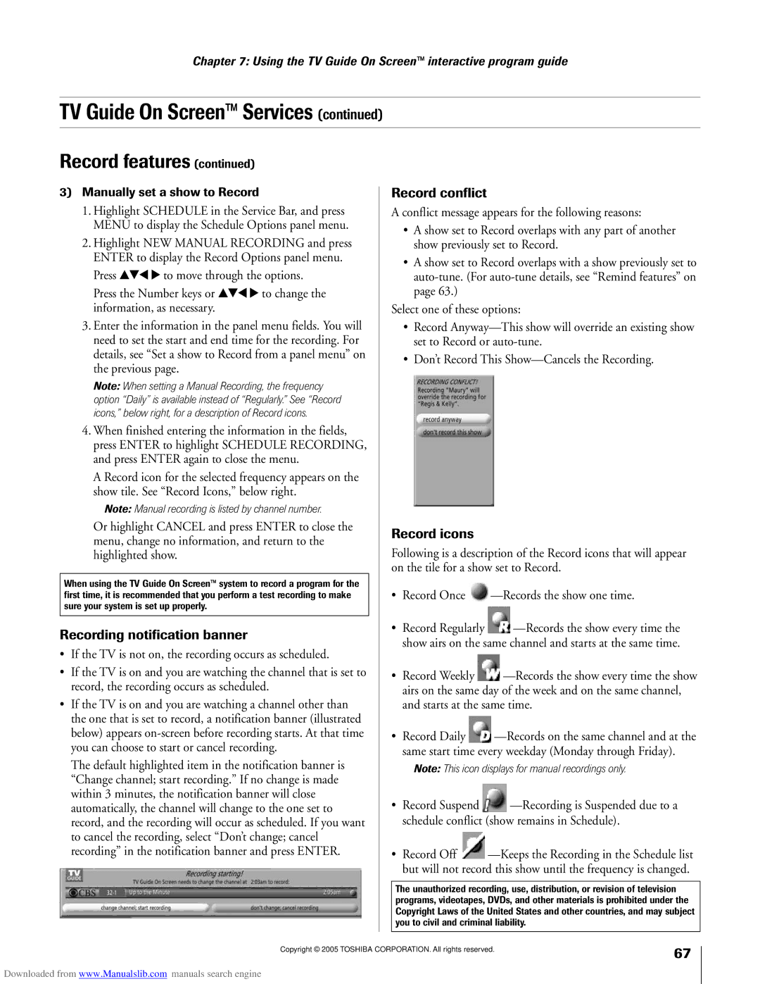 Toshiba 72MX195, 62MX195 owner manual Recording notification banner, Manually set a show to Record 