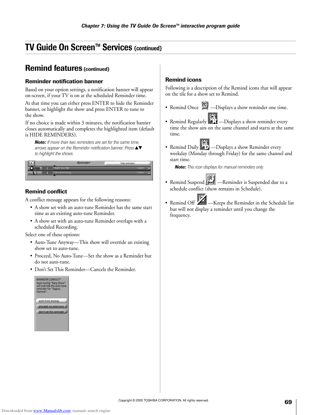 Toshiba 72MX195, 62MX195 owner manual Reminder notification banner 