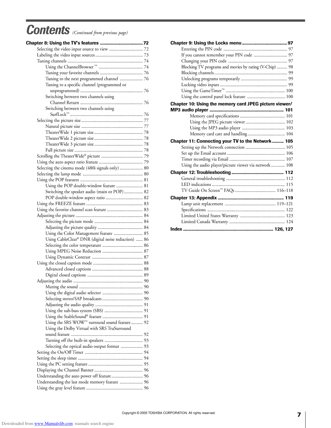 Toshiba 72MX195, 62MX195 owner manual 101, 105, 112, 119 