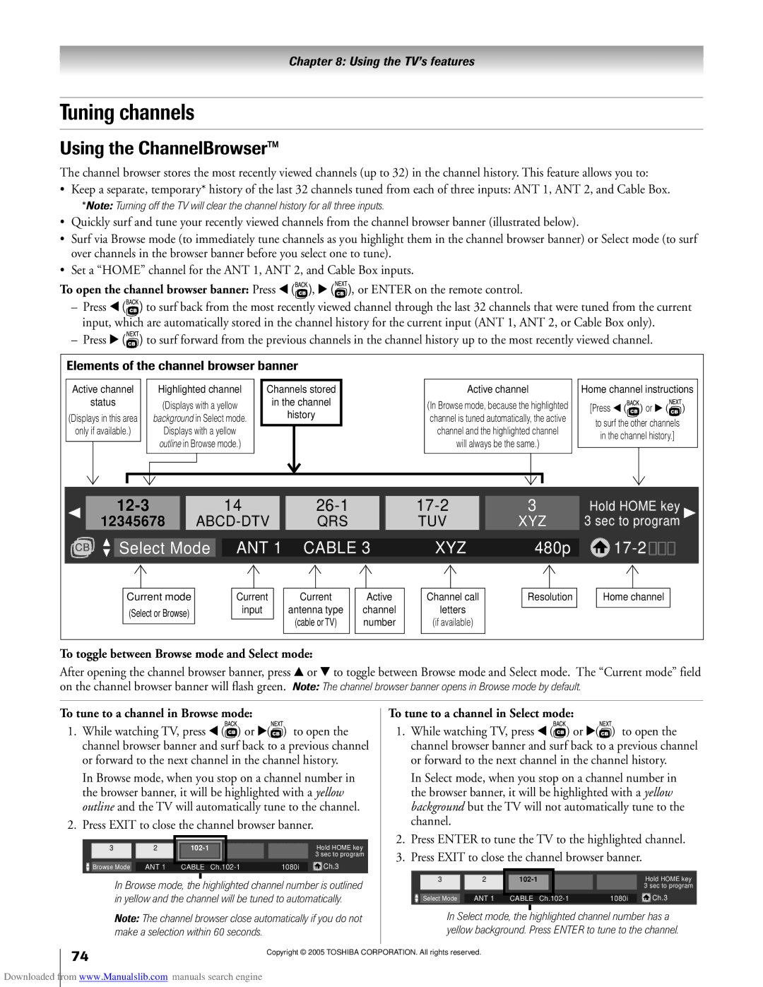 Toshiba 62MX195, 72MX195 Tuning channels, Using the ChannelBrowserª, To toggle between Browse mode and Select mode 