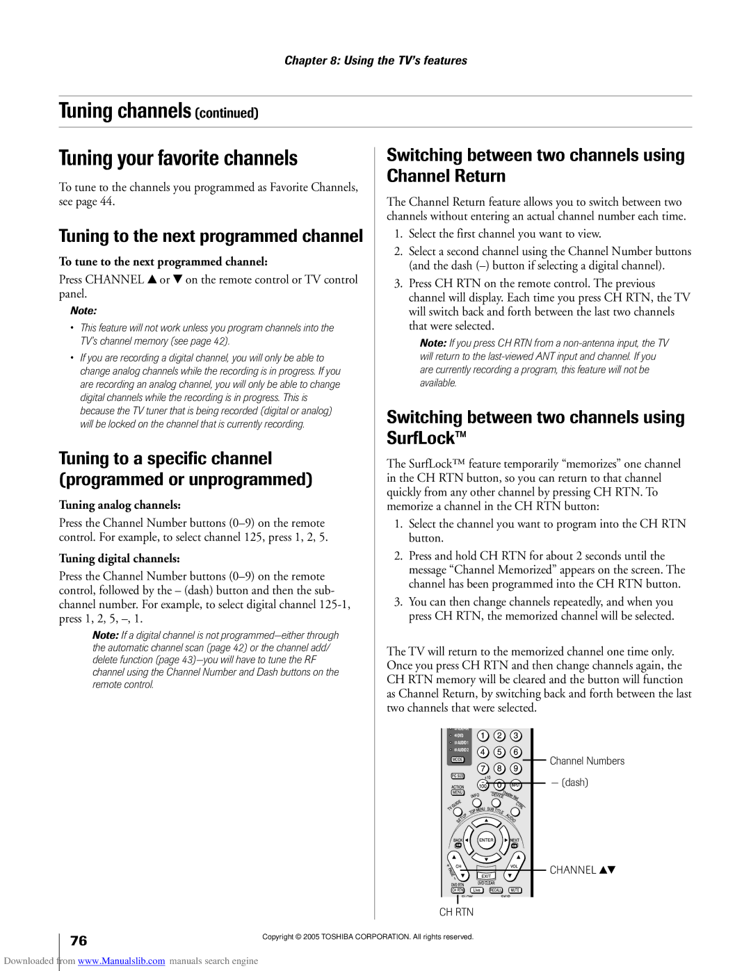 Toshiba 62MX195 Tuning channels Tuning your favorite channels, Channel Return, Tuning to the next programmed channel 