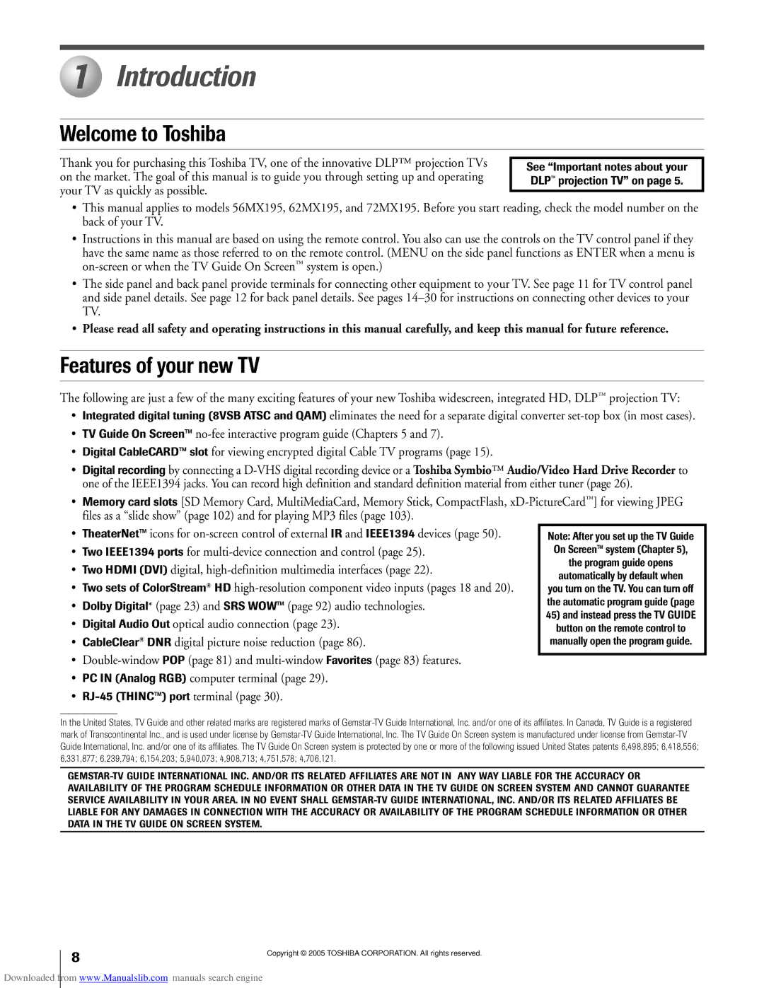 Toshiba 62MX195, 72MX195 Introduction, Welcome to Toshiba, Features of your new TV, ¥ RJ-45 THINCª port terminal 