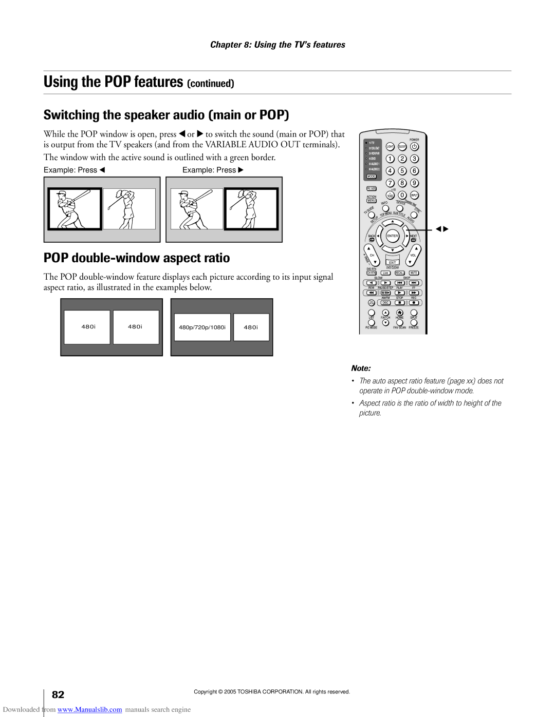 Toshiba 62MX195, 72MX195 owner manual Switching the speaker audio main or POP, POP double-window aspect ratio 