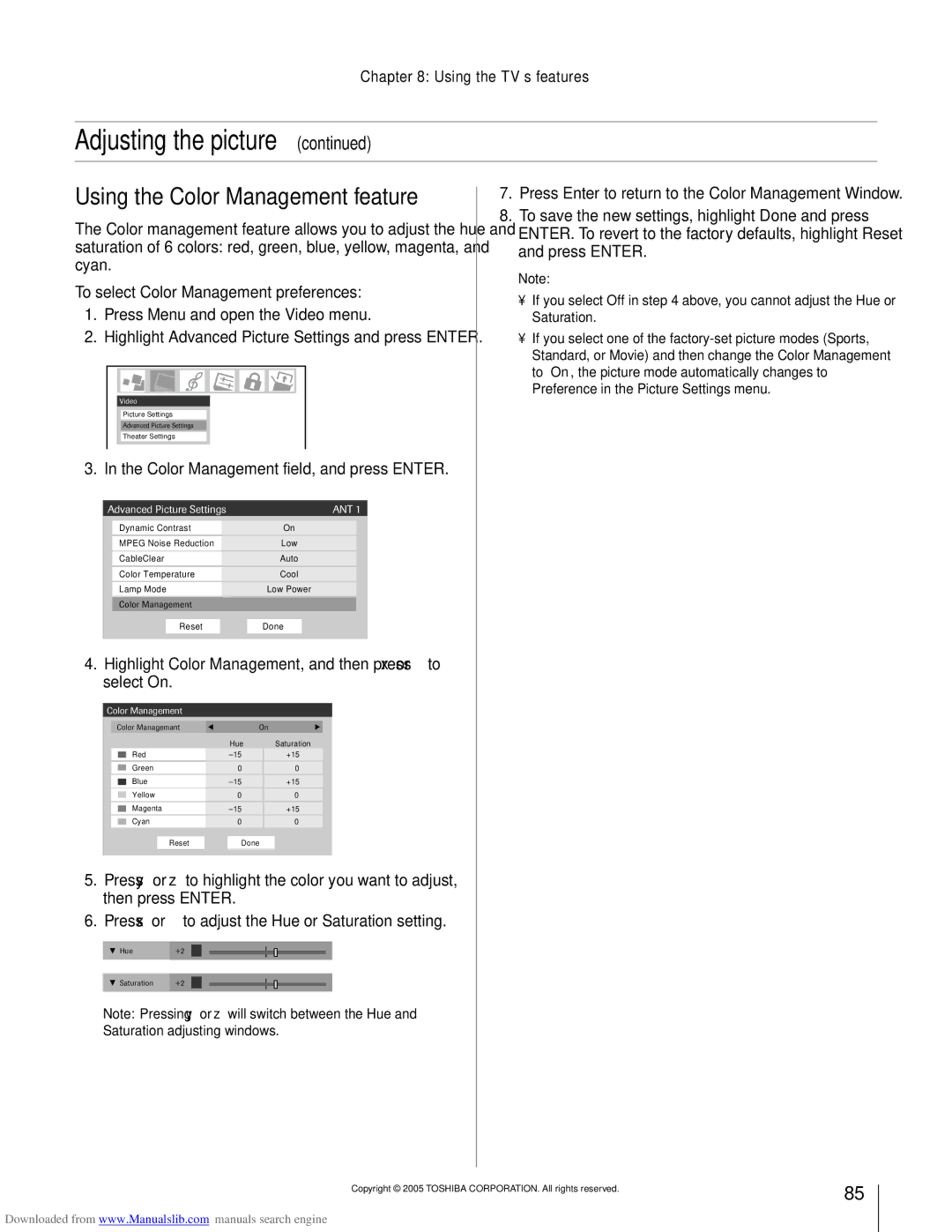 Toshiba 72MX195, 62MX195 owner manual Using the Color Management feature, To select Color Management preferences 