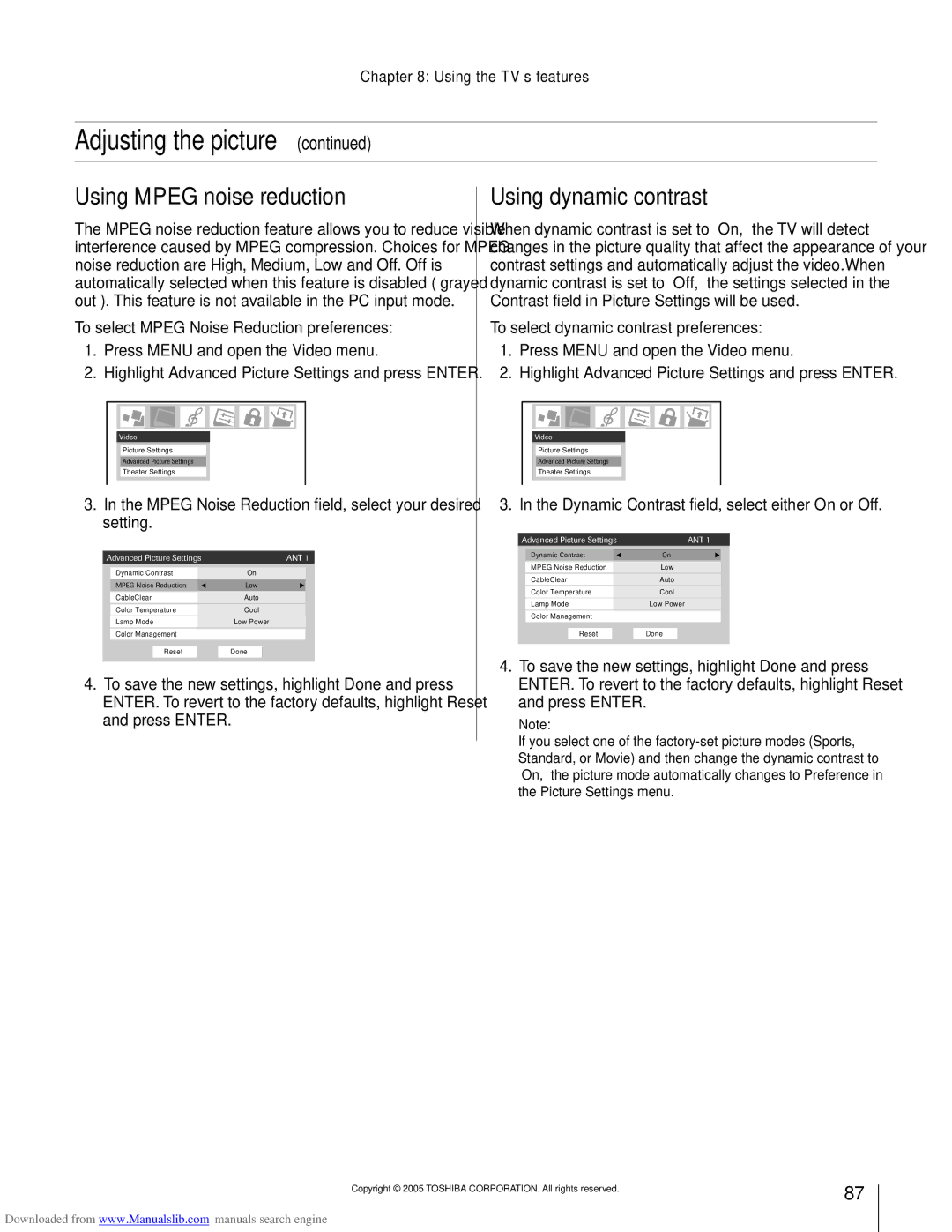 Toshiba 72MX195, 62MX195 Using Mpeg noise reduction, Using dynamic contrast, To select Mpeg Noise Reduction preferences 