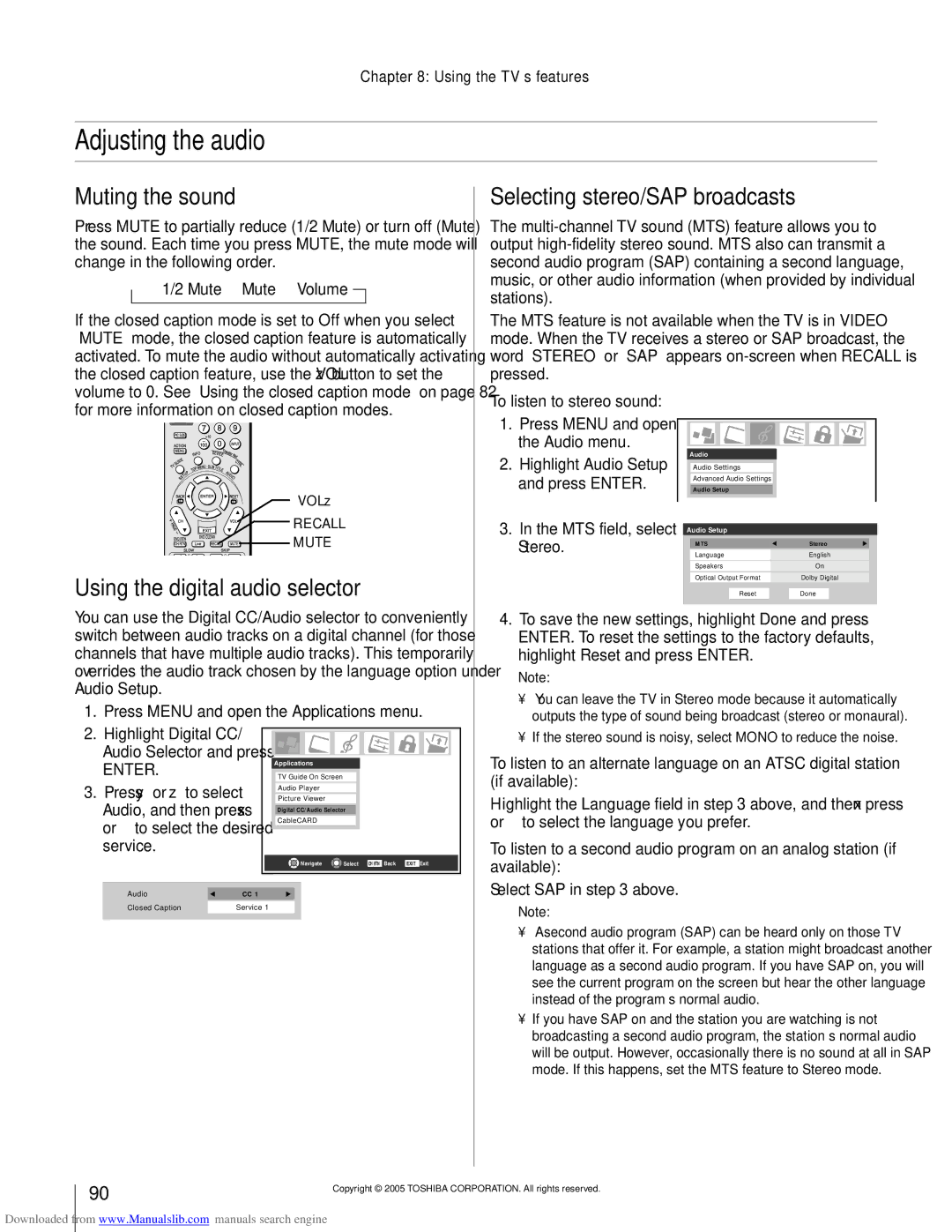 Toshiba 62MX195 Adjusting the audio, Muting the sound, Selecting stereo/SAP broadcasts, Using the digital audio selector 