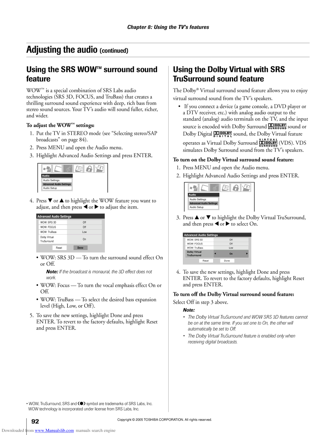 Toshiba 62MX195, 72MX195 owner manual Using the SRS WOWª surround sound feature, To adjust the WOWª settings 