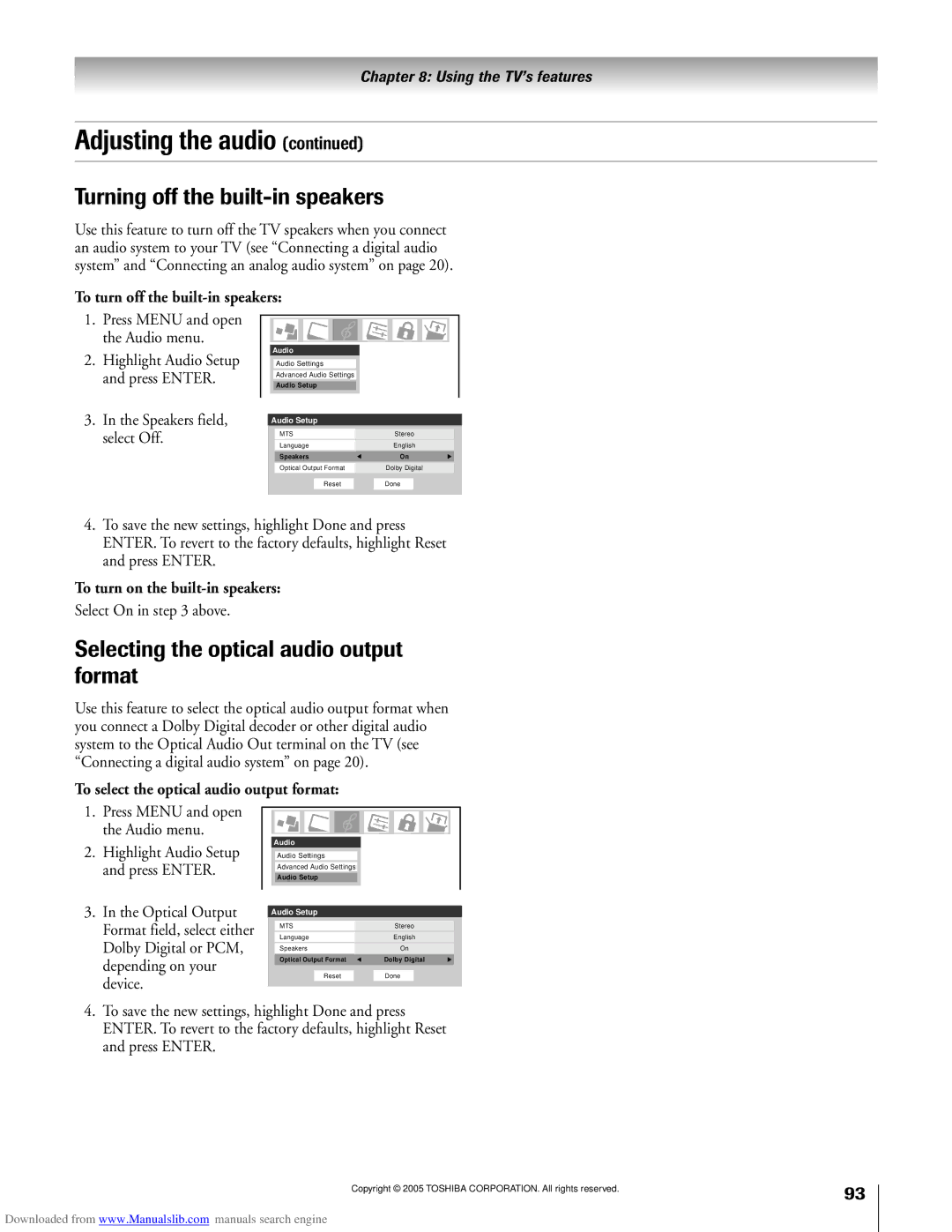 Toshiba 72MX195, 62MX195 owner manual Turning off the built-in speakers, Selecting the optical audio output format 