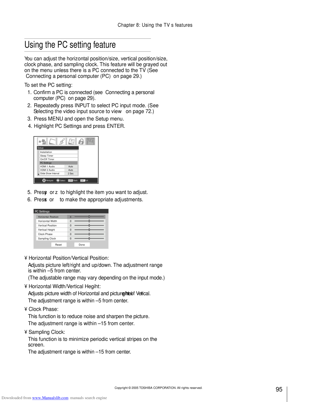 Toshiba 72MX195, 62MX195 owner manual Using the PC setting feature 