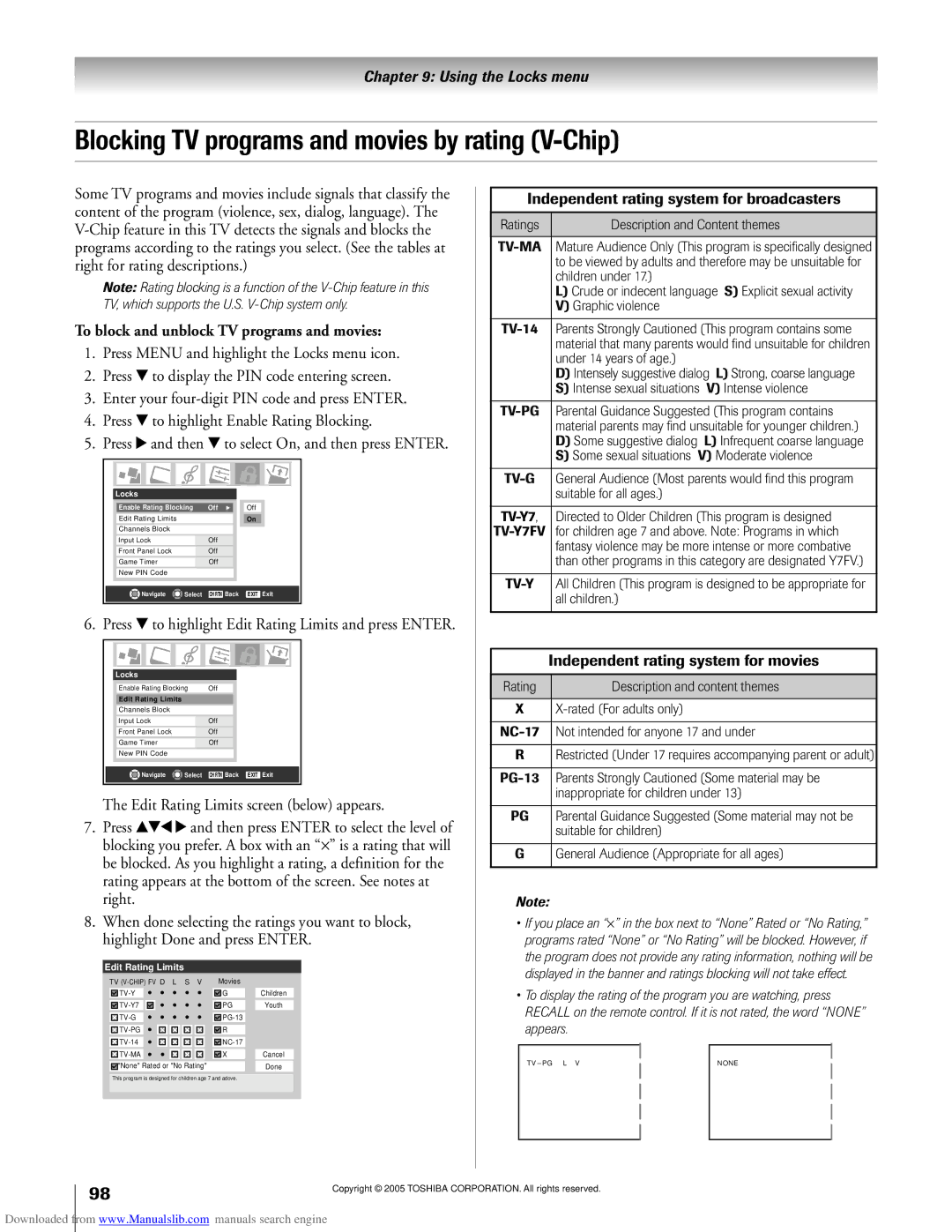 Toshiba 62MX195, 72MX195 Blocking TV programs and movies by rating V-Chip, To block and unblock TV programs and movies 