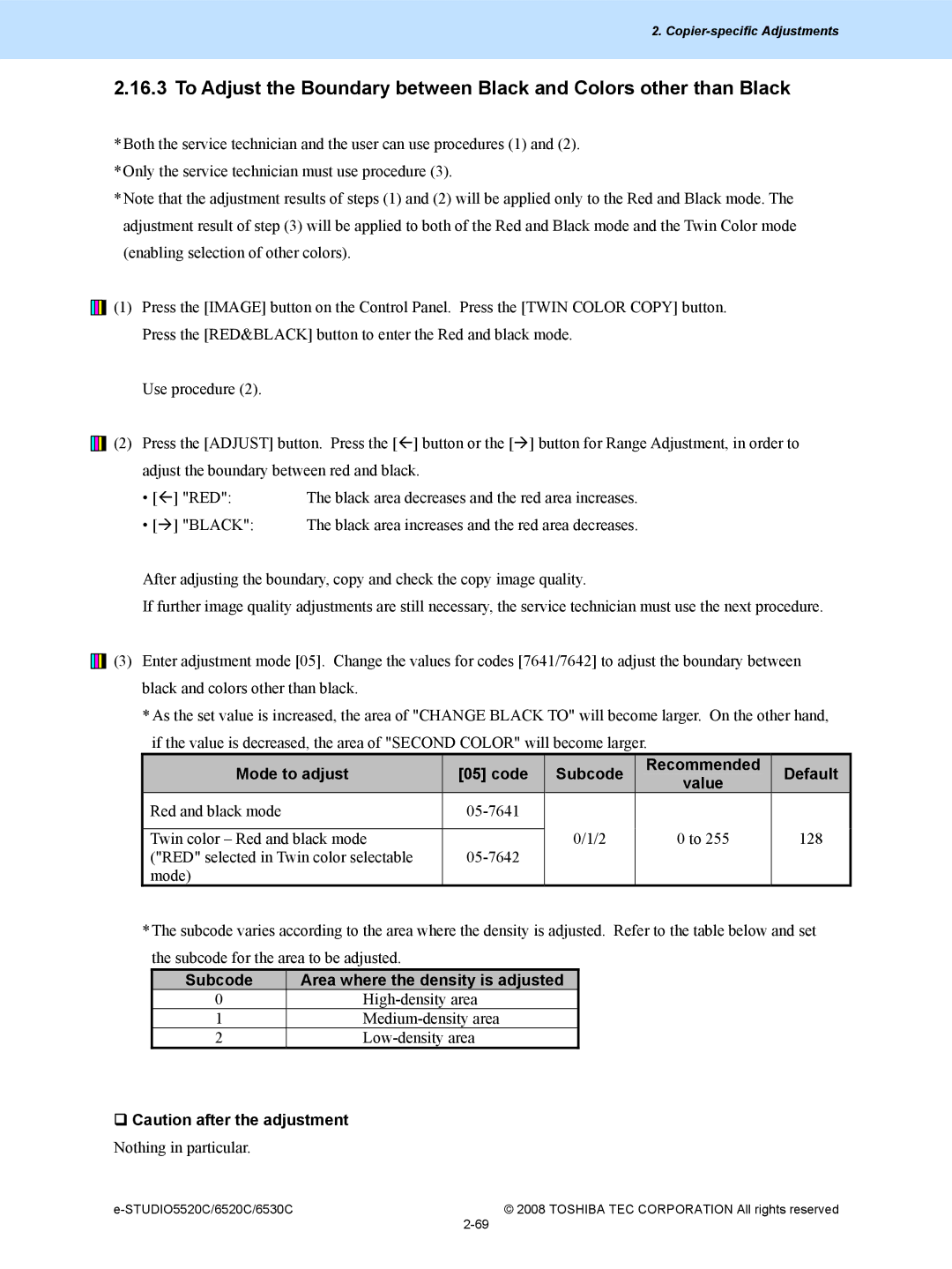 Toshiba 5520c, 6520c manual Recommended Mode to adjust Code Subcode Default, Subcode Area where the density is adjusted 