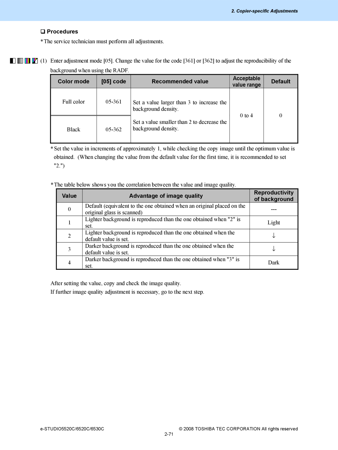 Toshiba 5520c, 6520c manual Color mode Code Recommended value Acceptable Default 