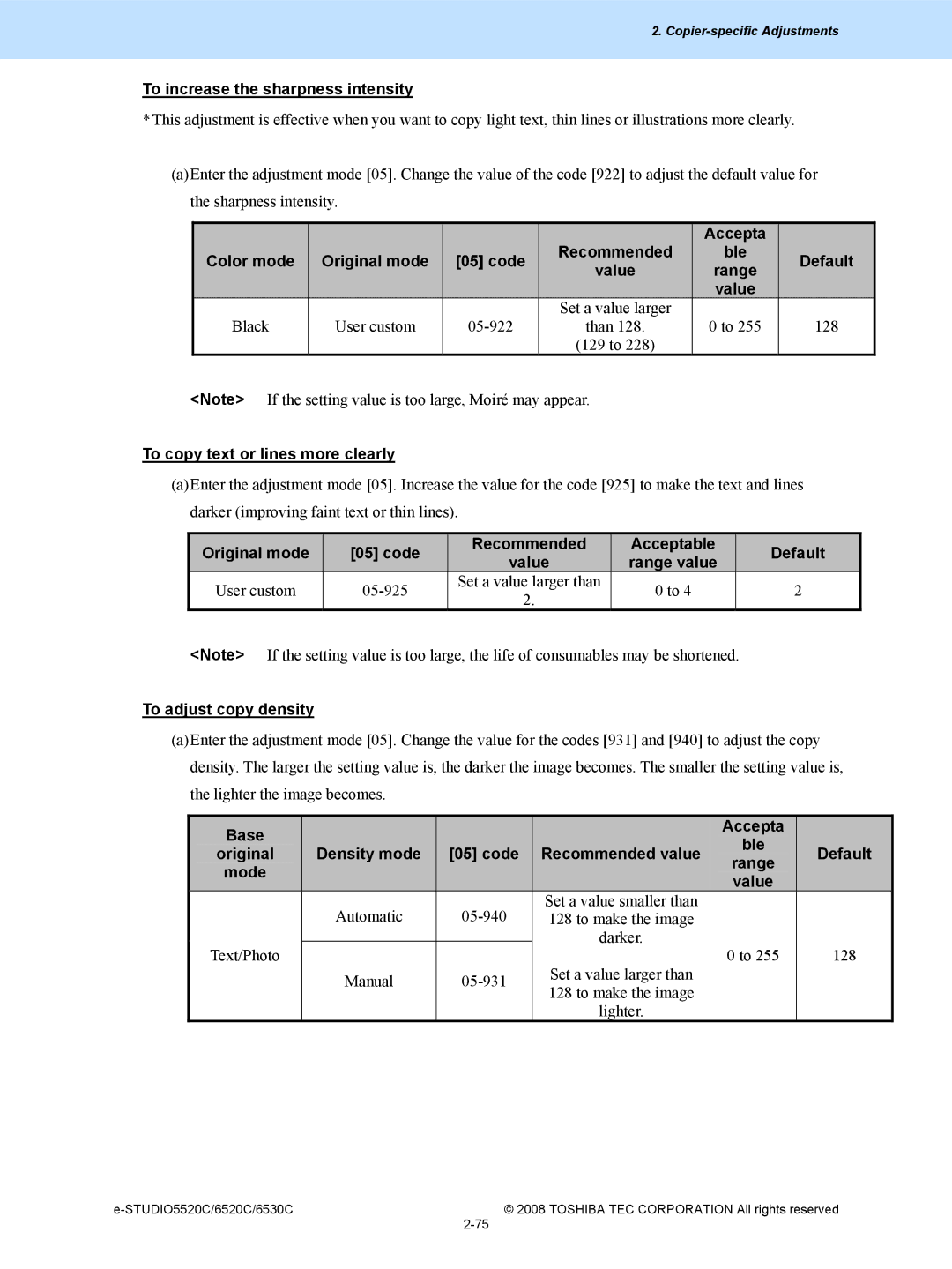 Toshiba 5520c, 6520c manual To increase the sharpness intensity, Accepta Ble Default, To copy text or lines more clearly 