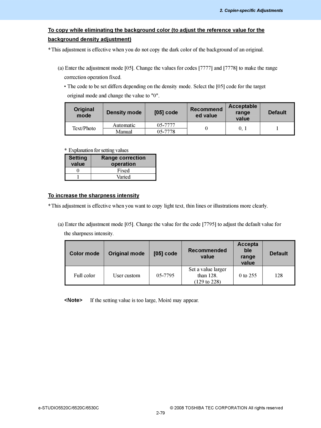 Toshiba 5520c, 6520c manual Original Density mode Code Recommend Acceptable Default, Setting Range correction 