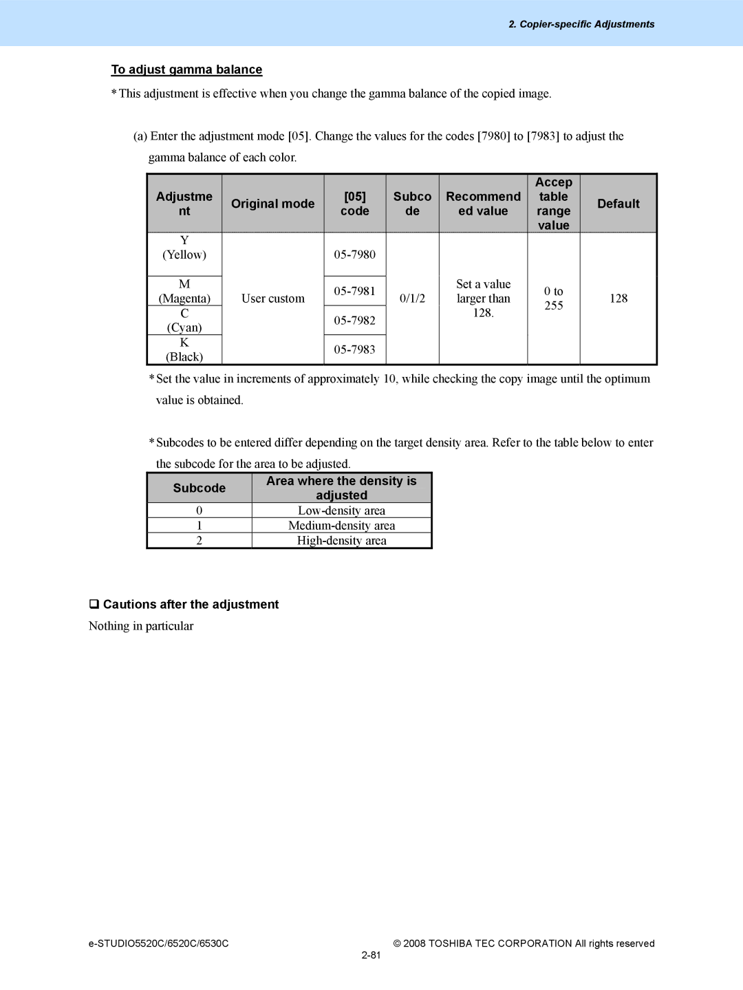Toshiba 5520c, 6520c manual To adjust gamma balance, Accep Adjustme Original mode Subco Recommend Default Code, Range Value 