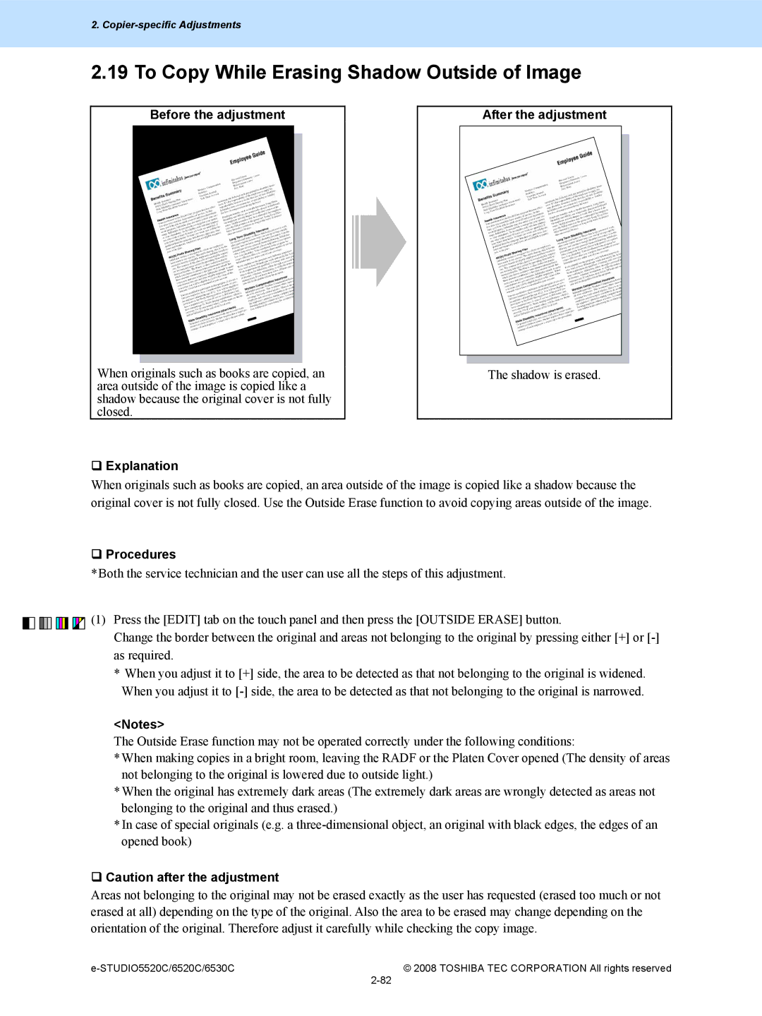 Toshiba 6520c, 5520c manual To Copy While Erasing Shadow Outside of Image, Before the adjustment 