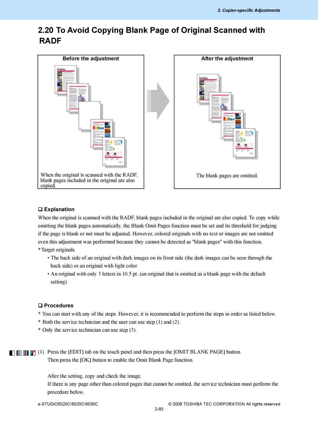 Toshiba 5520c, 6520c manual To Avoid Copying Blank Page of Original Scanned with, Radf 