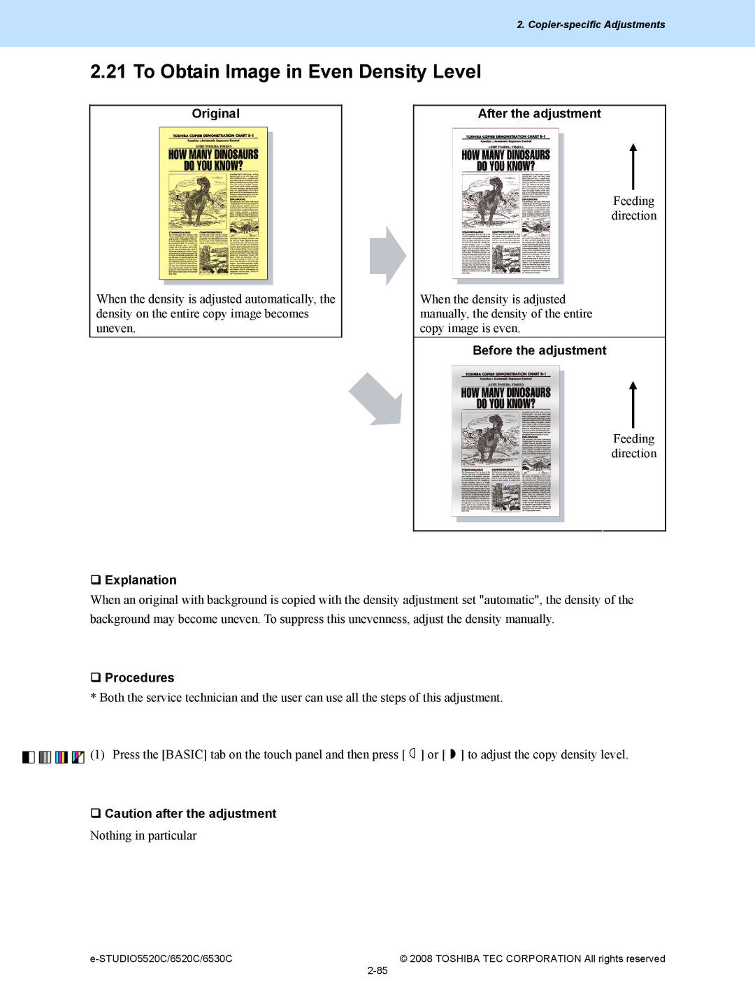 Toshiba 5520c, 6520c manual To Obtain Image in Even Density Level, Original 