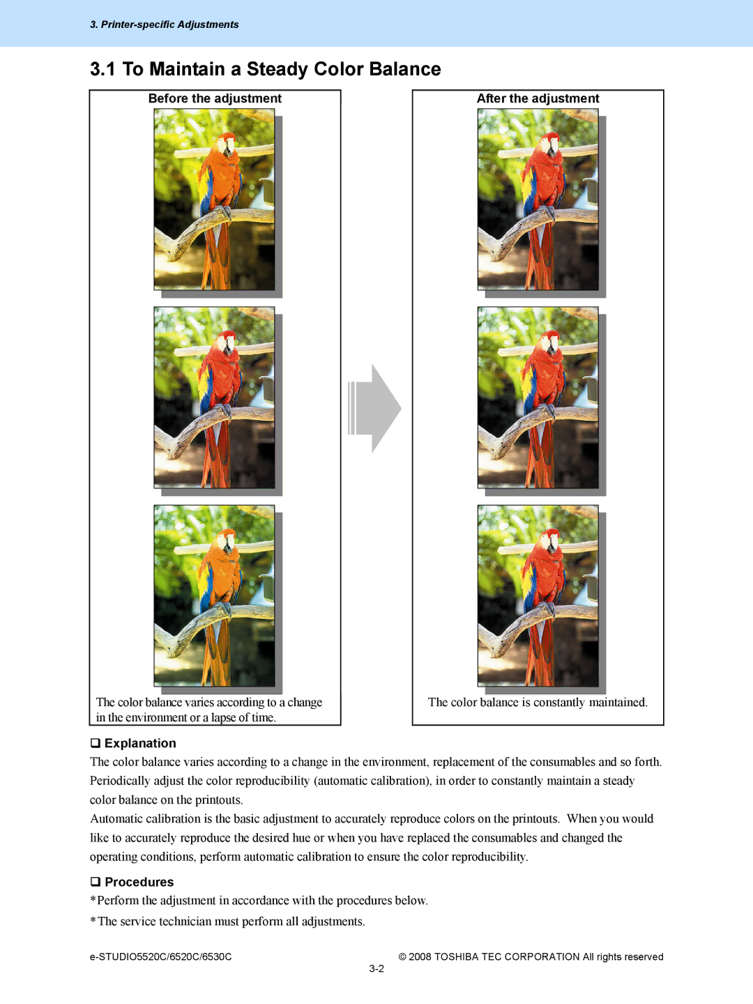 Toshiba 6520c, 5520c manual To Maintain a Steady Color Balance, Before the adjustment After the adjustment 