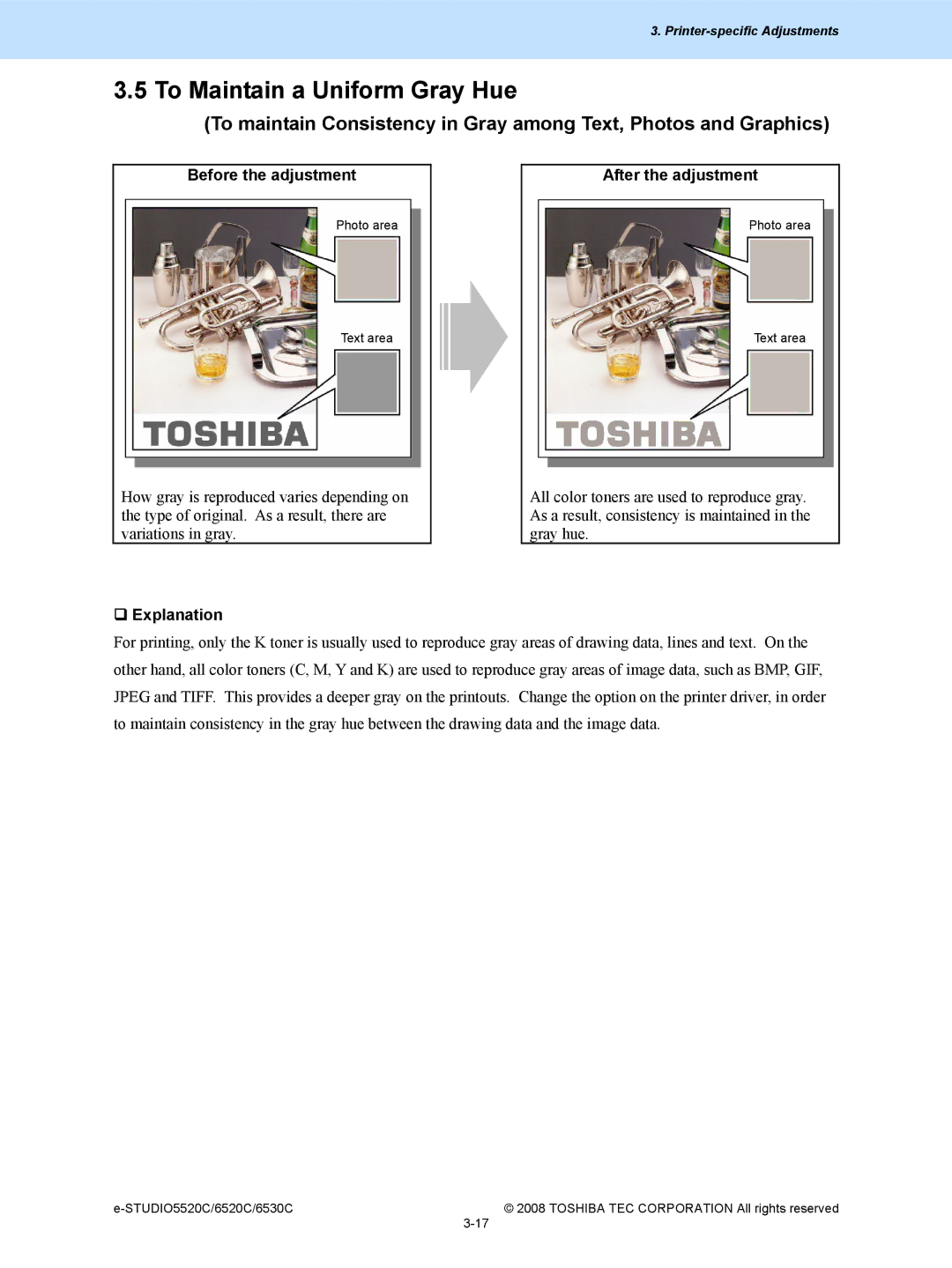 Toshiba 5520c, 6520c manual To Maintain a Uniform Gray Hue, Before the adjustment After the adjustment 