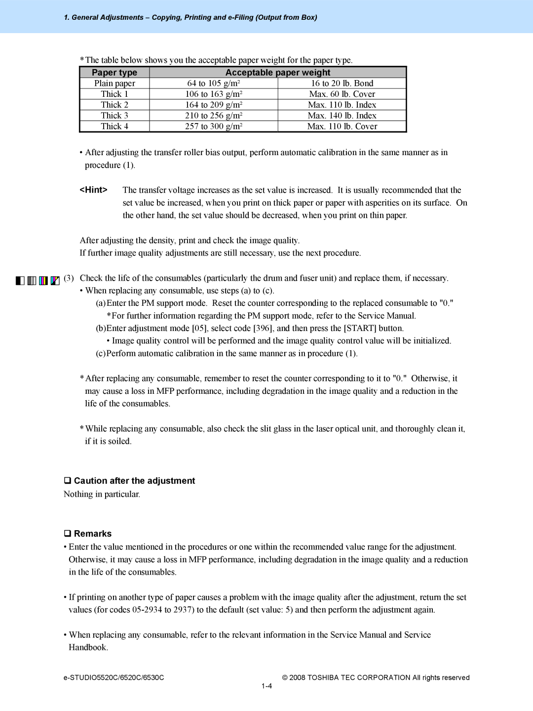 Toshiba 6520c, 5520c manual Paper type Acceptable paper weight, ‰ Caution after the adjustment, ‰ Remarks 