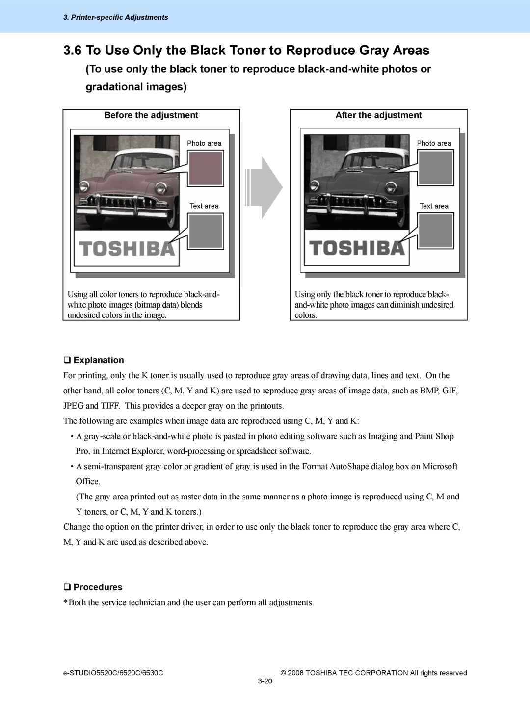 Toshiba 6520c, 5520c manual To Use Only the Black Toner to Reproduce Gray Areas, Before the adjustment 