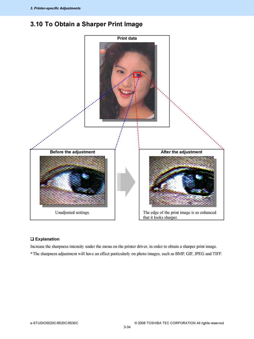 Toshiba 6520c, 5520c manual To Obtain a Sharper Print Image, Print data Before the adjustment After the adjustment 