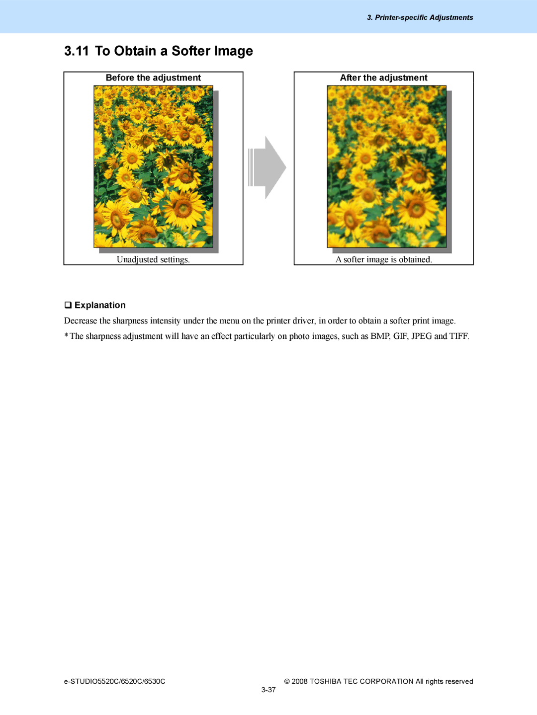 Toshiba 5520c, 6520c manual To Obtain a Softer Image, Before the adjustment 