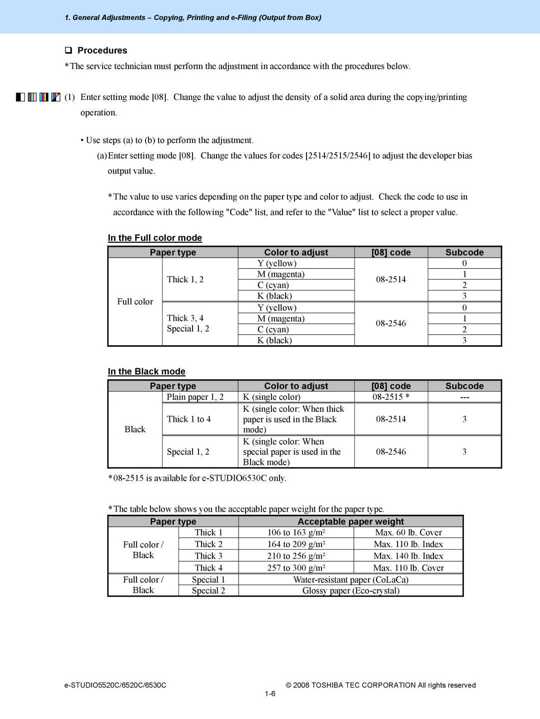 Toshiba 6520c Full color mode Paper type Color to adjust Code Subcode, Black mode Paper type Color to adjust Code Subcode 