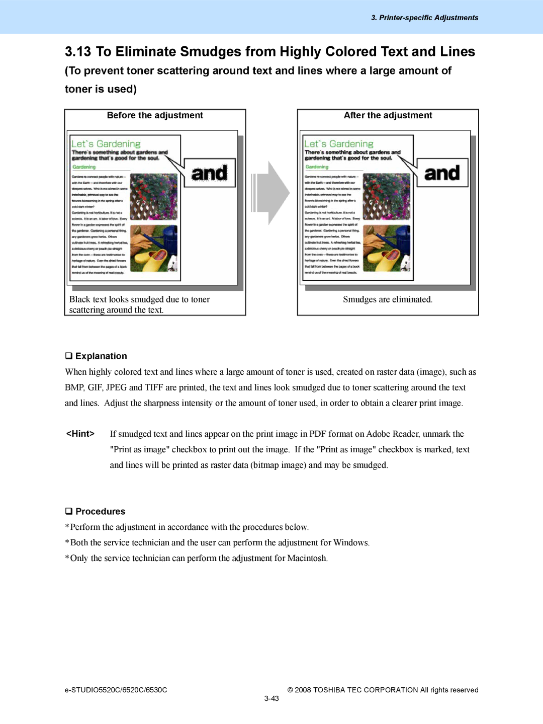 Toshiba 5520c, 6520c manual To Eliminate Smudges from Highly Colored Text and Lines, Before the adjustment 