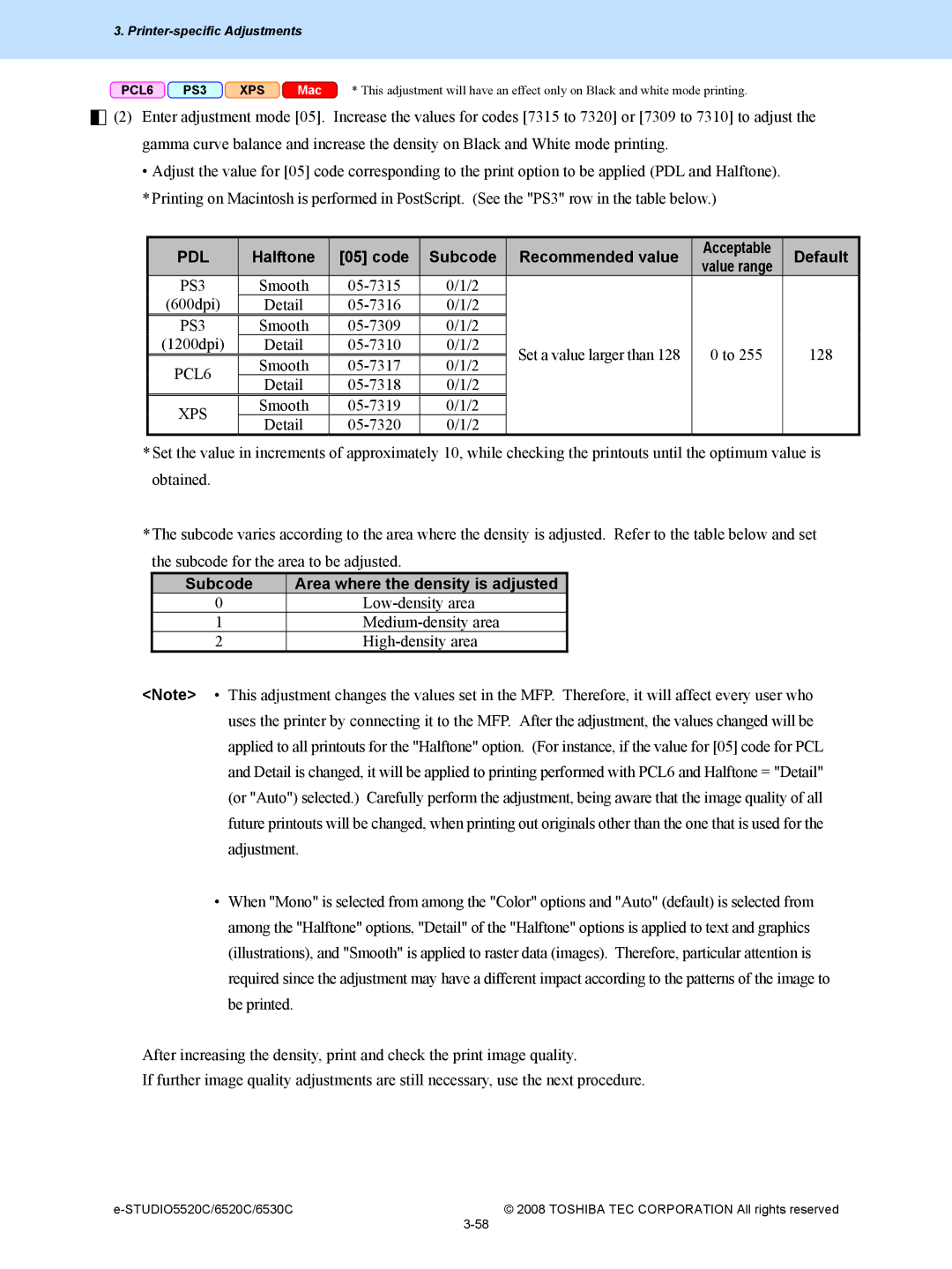 Toshiba 6520c, 5520c manual Halftone Code Subcode Recommended value Default, Subcode Area where the density is adjusted 