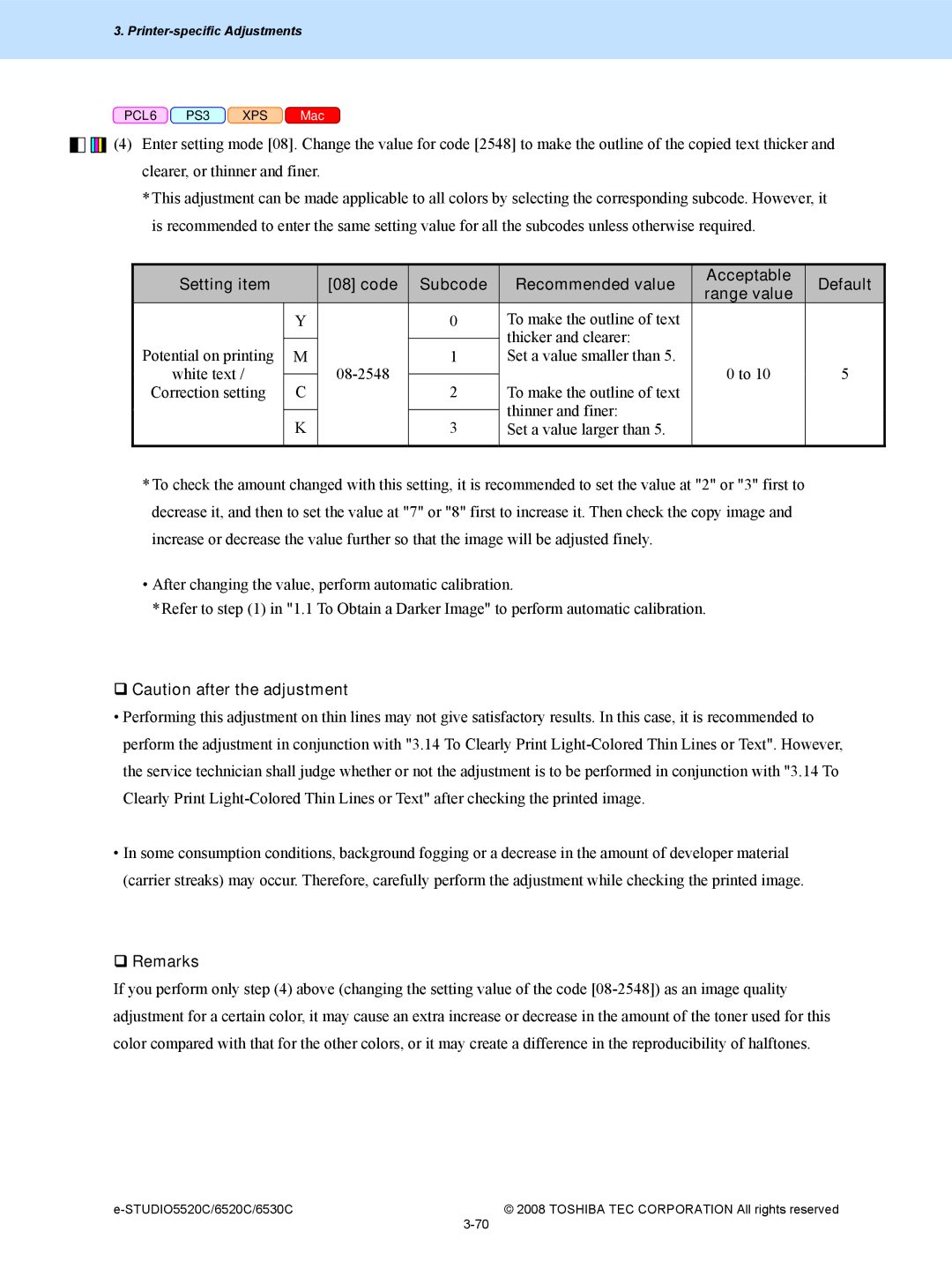 Toshiba 6520c, 5520c manual ‰ Caution after the adjustment 