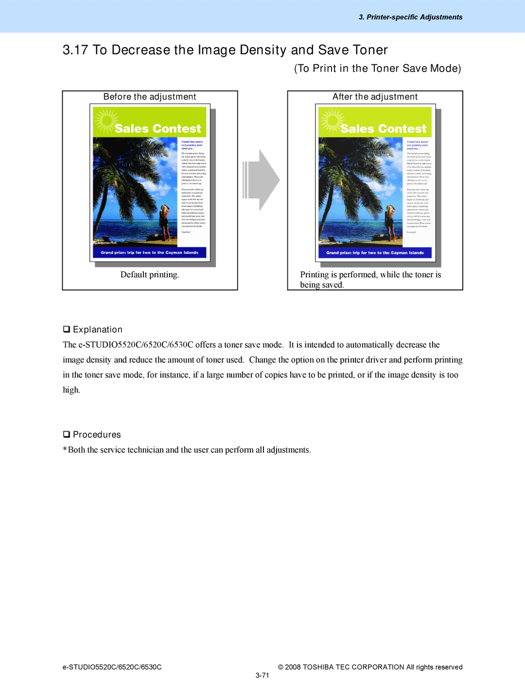 Toshiba 5520c, 6520c manual To Decrease the Image Density and Save Toner, To Print in the Toner Save Mode 